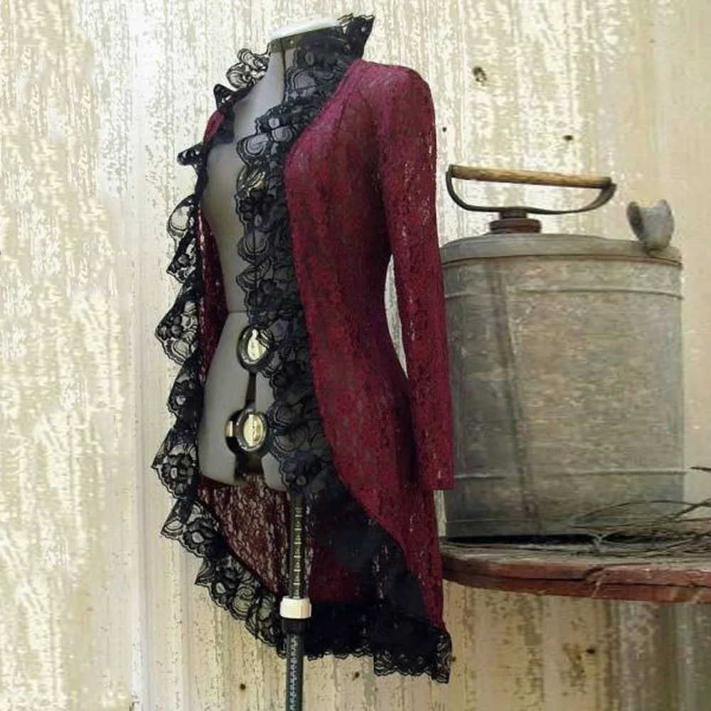 Womens Coat Retro Cardigans Lace Flounce Collar Long Sleeve Patchwork Tops Ladies Party Vintage Coat