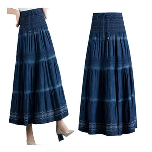 Юбка Женская Длинная с поясом на резинке, модная повседневная свободная трапециевидная юбка из денима, универсальная, хлопчатобумажная юбка из денима