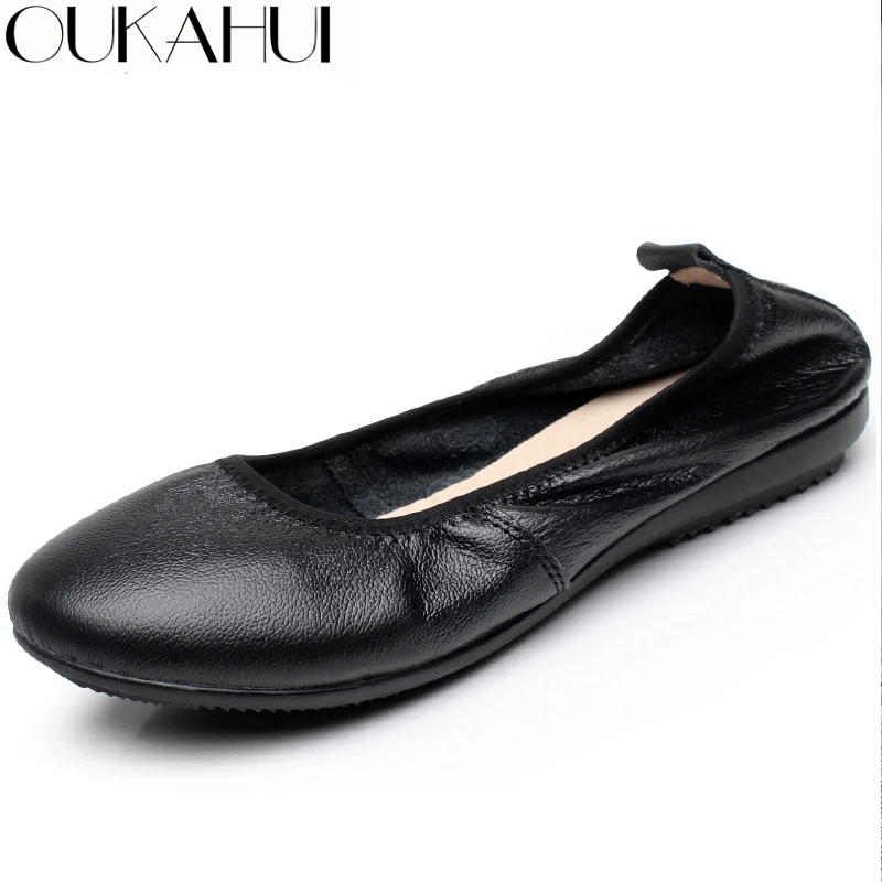 OUKAHUI фирменные однотонные черные рабочие туфли из натуральной кожи на плоской