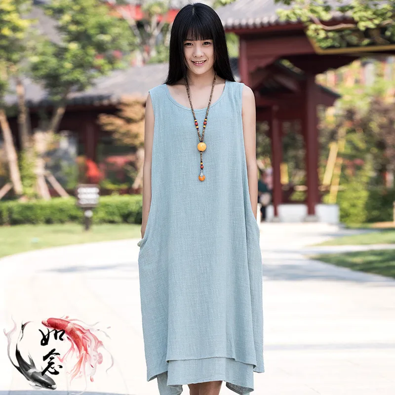 Летнее женское Хлопковое платье без рукавов на бретелях Mori Girl Летняя туника