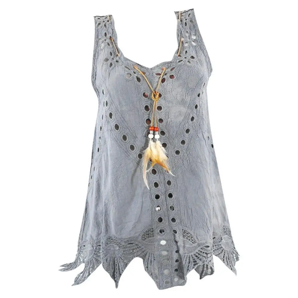 women shirt Gray Винтажная женская футболка Feitong, плюс размер, топ с круглым вырезом, вышивка, открытая, без рукавов, летние топы, разные цвета, верх размера d, рубашки, 5XL - Цвет: women shirt Gray