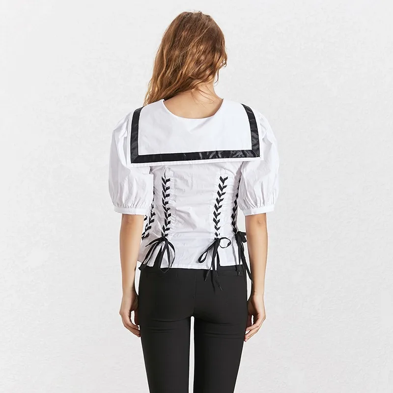 TWOTWINSTYLE Casual Bandage Blouse For Women O Neck Puff Sleeve Tunic Shirt Female Fashion Preppy Style Clothes 2019 Summer |