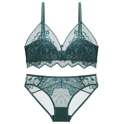 green sexy mousse half cup bra sets women underwear lace mesh deep V flower wireless young girl see through panties new black green - Цвет: green
