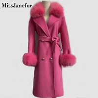 women cashmere coat with real fox fur collar woolen jacket with belt winter autumn slim lady 2018 long overcoat women wool coat