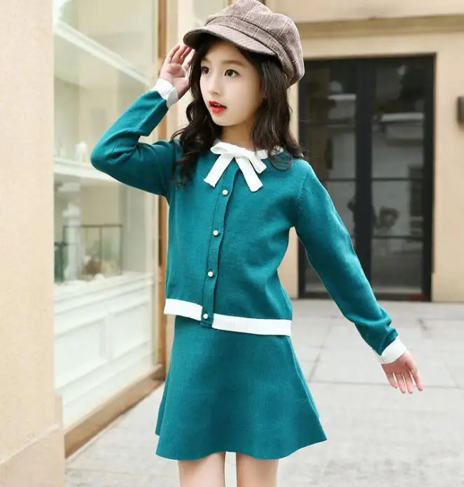 green clothes sets Коллекция года, осенняя одежда для детей-подростков комплект одежды для школьниц, вязаный свитер с длинными рукавами пальто с бантом+ юбка, комплект из 2 предметов, JW3922 - Цвет: green clothes sets