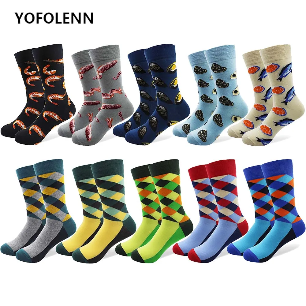 10 Pairs/Lot Men's Funny Combed Cotton Socks Shrimp Oysters Fish Sea Food Argyle Pattern Casual Socks Dress Crew Crazy Socks