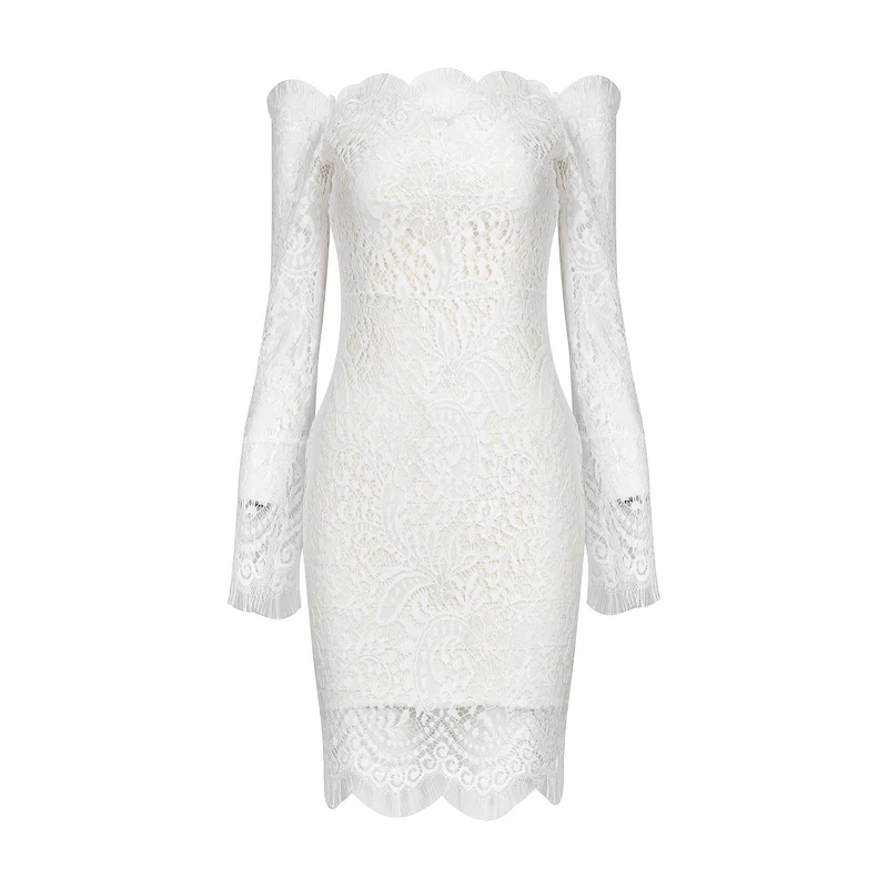 Новинка 2019 облегающее кружевное платье с открытыми плечами и длинными рукавами
