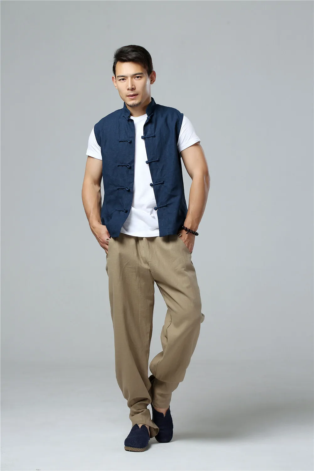 LZJN Men's Summer Waistcoat Chinese Style Vintage Breathable Linen Button Down Kung Fu Shirt Sleeveless Vest Jacket