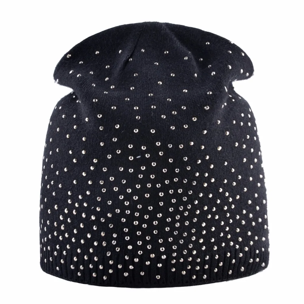 Повседневная Осенняя вязаная шерстяная шапка Skullies, женские шапочки, дамские Стразы, зимние шапки для женщин, тюрбан gorros