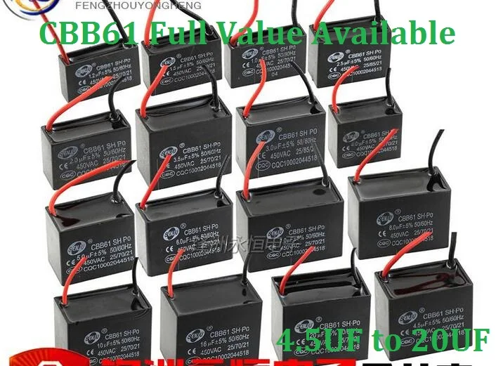2 шт. CBB61 конденсатор вентилятора 450V cbb61 конденсатор вентилятора 450VAC 4,5 мкФ/5 мкФ/6 мкФ/7 мкФ/8 мкФ/10 мкФ/12 мкФ/16 мкФ/20 мкФ постоянной ёмкости, универсальный конденсатор