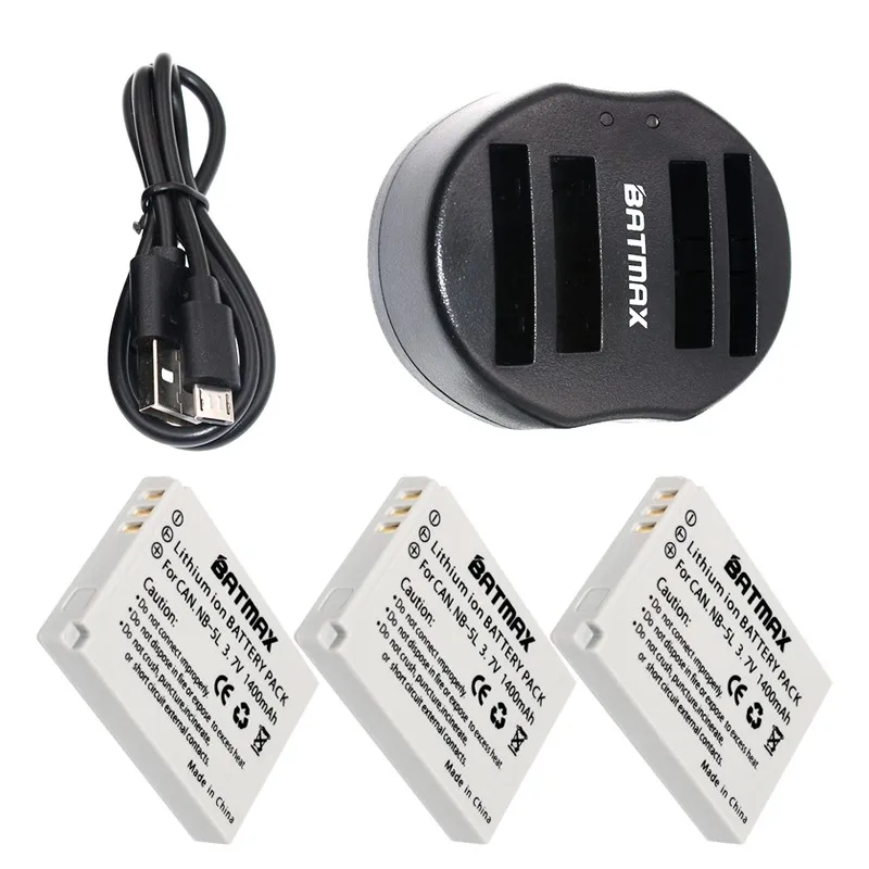 

3-Pack NB-5L NB 5L NB5L Battery&Dual Charger with USB Cable for Canon S110 SX200 SX210 SX220 SX230 IS HS IXUS 850 870 800 860