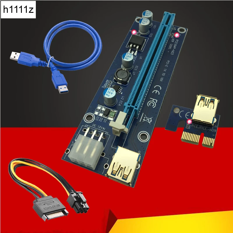 Riser VER009S 0 6 м светодиодный PCIE PCI E 1X к 16X Card 15Pin SATA 6Pin питания позолоченный USB 3 для BTC