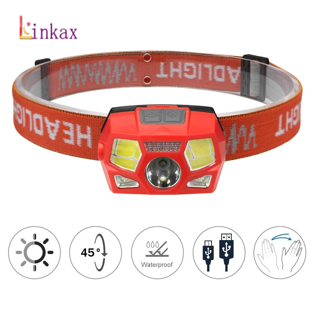 

2 * COB + 1 * фонарь с датчиком движения, светильник с вращающейся на 45 ° головкой, эластичные регулируемые ремни, USB-перезаряжаемая фара