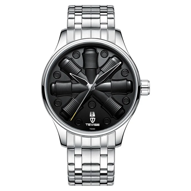 silver black TEVISE, специальный дизайн, механические часы, мужские, водонепроницаемые, автоматические часы, мужские часы, Авто Дата, Роскошные, с бриллиантами, мужские часы - Цвет: silver black