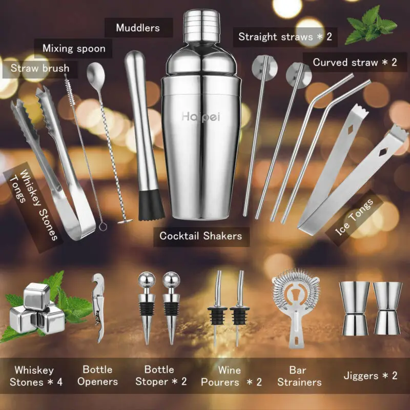 22Pcs/Set Stainless Steel Cocktail Shaker Set Drinks Strainer Bottle Opener Maker Mixer Spoon Measure Cup Bar Beginner Tool Kit