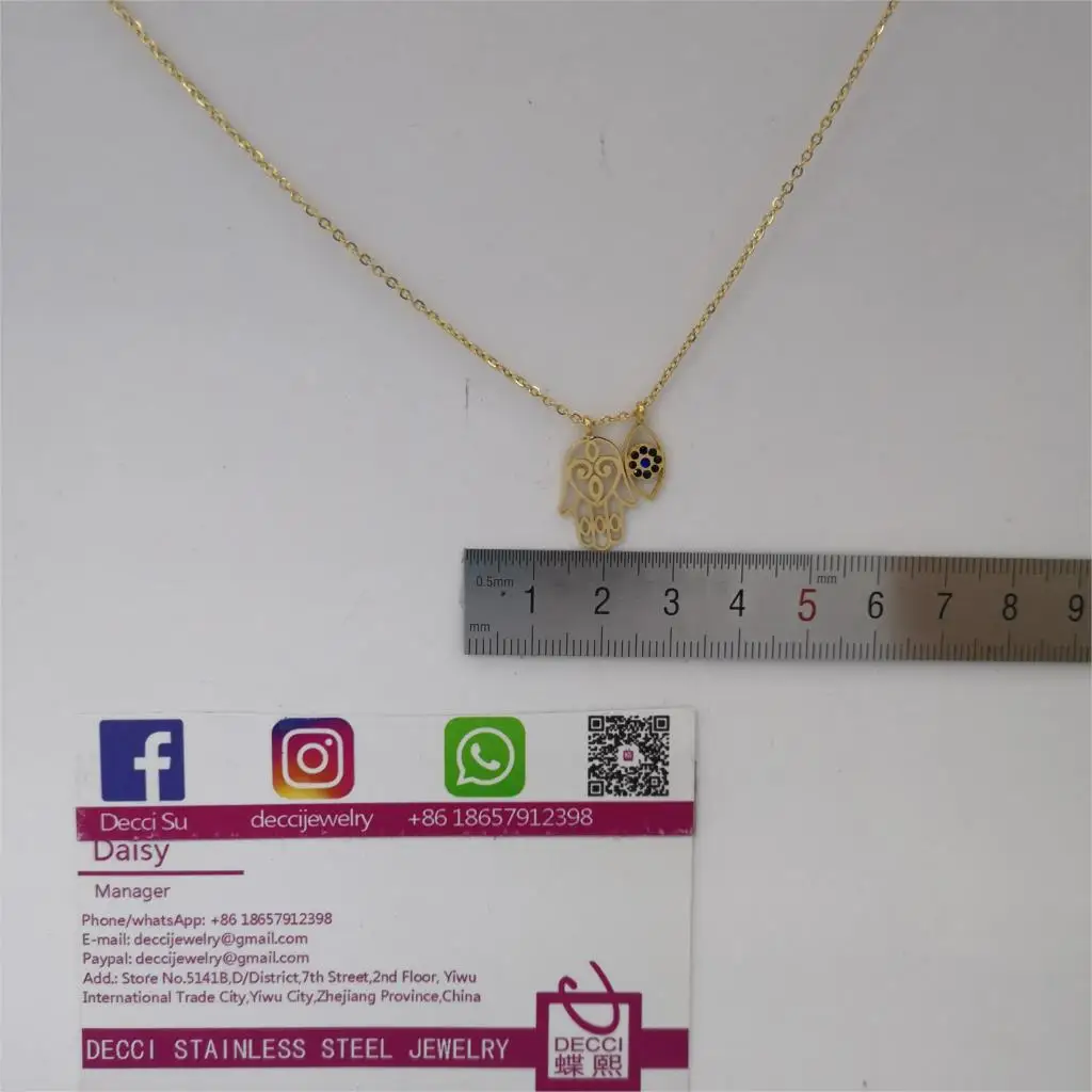 FALLON ECO-Certification Good Stainless Steel Necklace 45cm Curb Chains 16mm Hamsa Eyes Rhinestones Pendant Girls Lady Fashion | Украшения