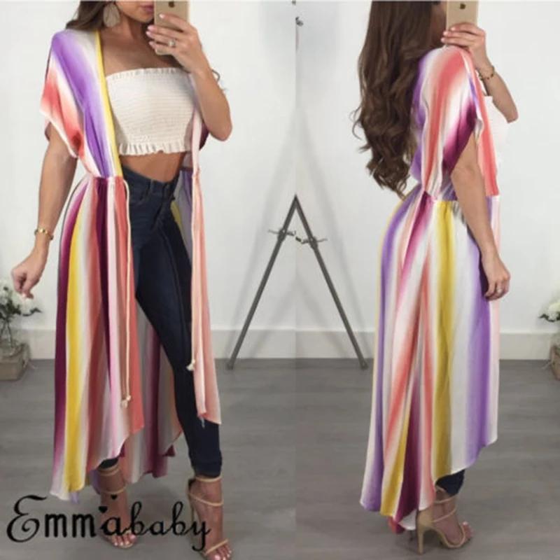 Новинка 2018 женский свободный кардиган пляжный полосатый на шнуровке