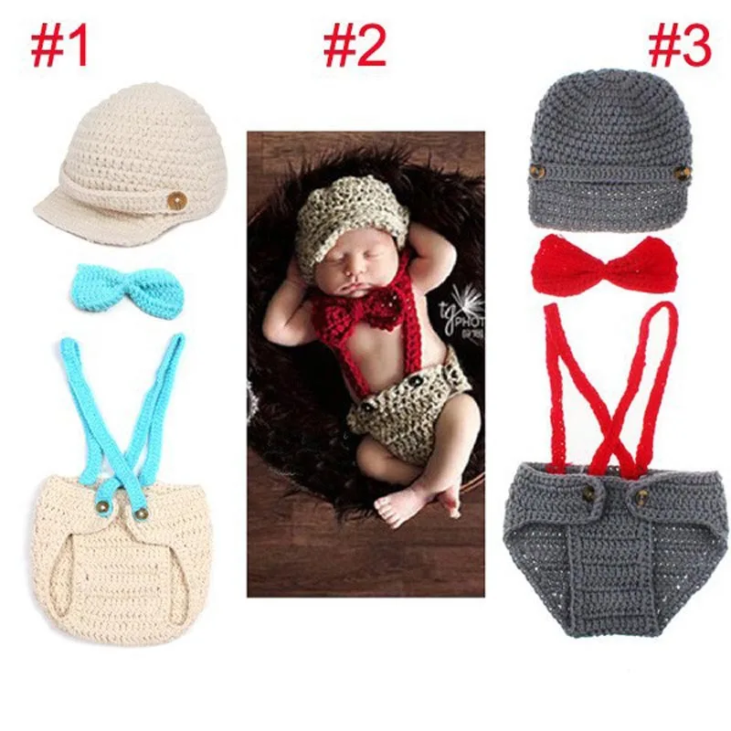 Newborn Photography Props Knitted Baby Hat with Suspenders Bow Tie Set baby Boy girl Hat 1set H194