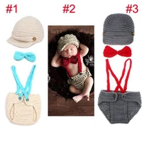 newborn photography props knitted baby hat with suspenders bow tie set baby boy girl hat 1set h194