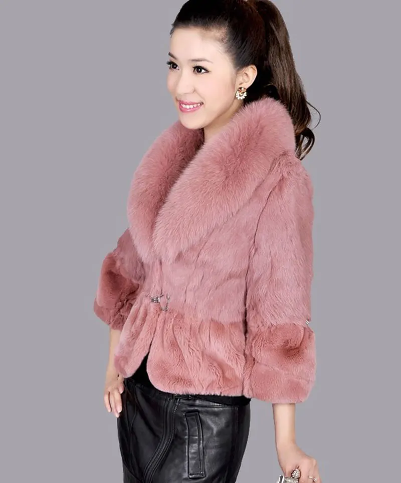 Winter Women Fur Coat With Fox Collar Three Quarter Slim Short Genuine Rex Rabbit Coats Jackets Real Womens Clothing | Женская одежда