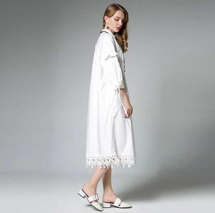 

Ladies Autumn Oversize Sexy Shirt Dresses Women Fall Cotton Plus sizeWhite Long Sleeve lace ruffles Casual Office femme Vestidos