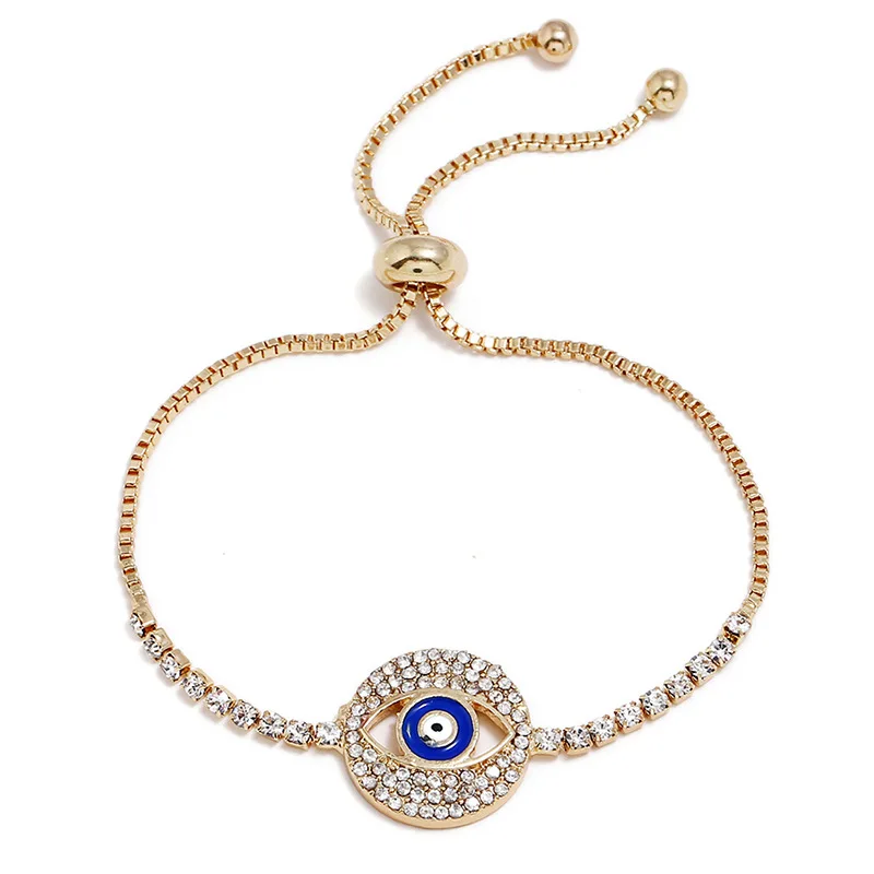 

Fashion Simple Gold Color Blue Evil Eye Shaped Crystal Hollow Adjustable Box Chain Bracelets for Women Girls Fashion Jewelry