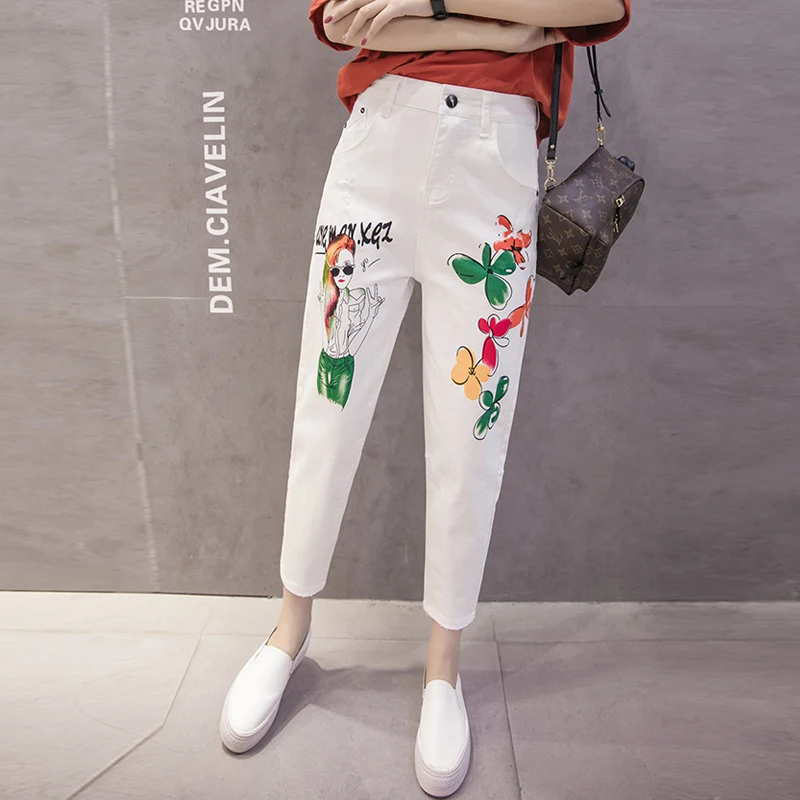 Fashion Boyfriend New Arrival Women's Clothes For Autumn Ankle-Length White Holes Jeans Beggar Pants Loose Female Denim Trousers | Женская