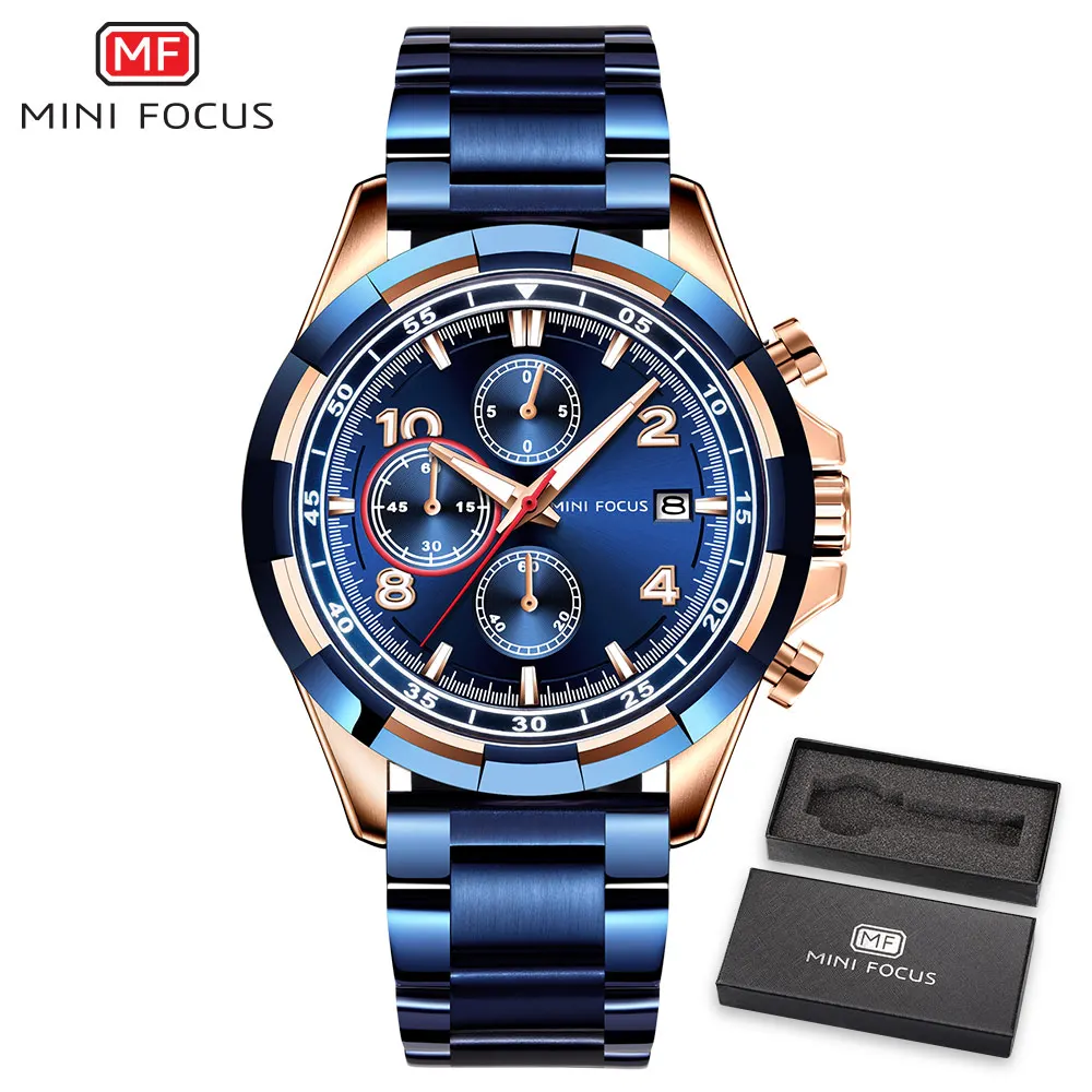 Blue with Box MINIFOCUS, модные мужские часы, люксовый Топ бренд, сталь, мужские военные армейские часы, водонепроницаемые наручные часы, спортивные повседневные мужские часы для мужчин - Цвет: Blue with Box