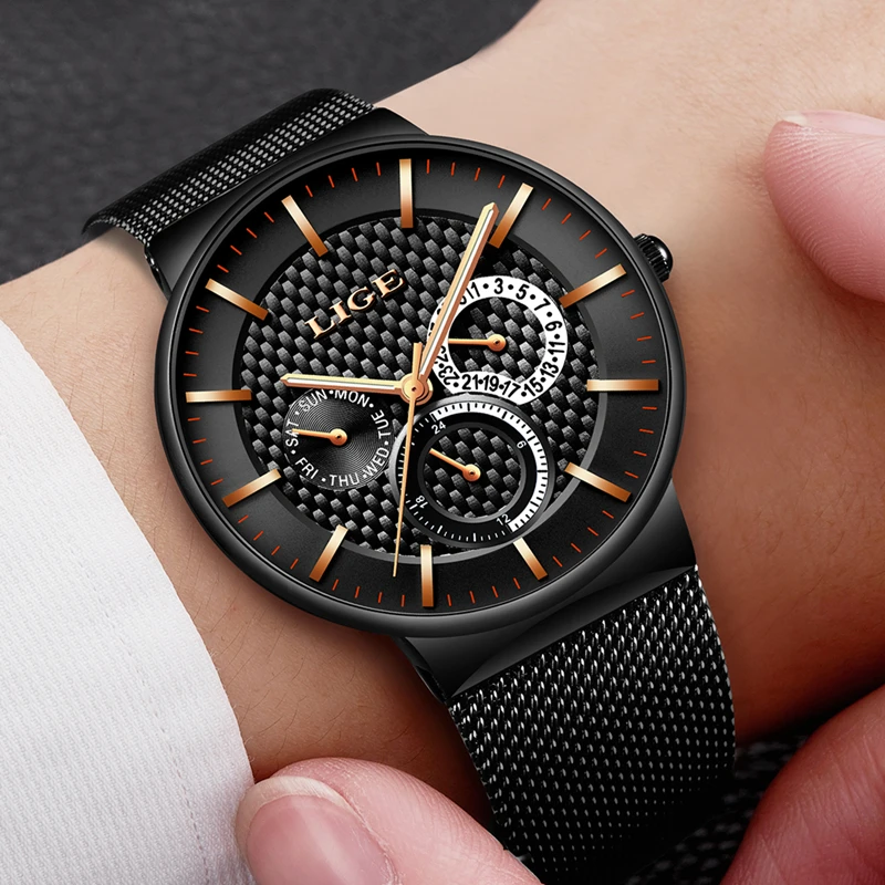 Reloj Hombre LIGE брендовые Мужские часы кварцевые мужские со стальным Ремешком Ультра