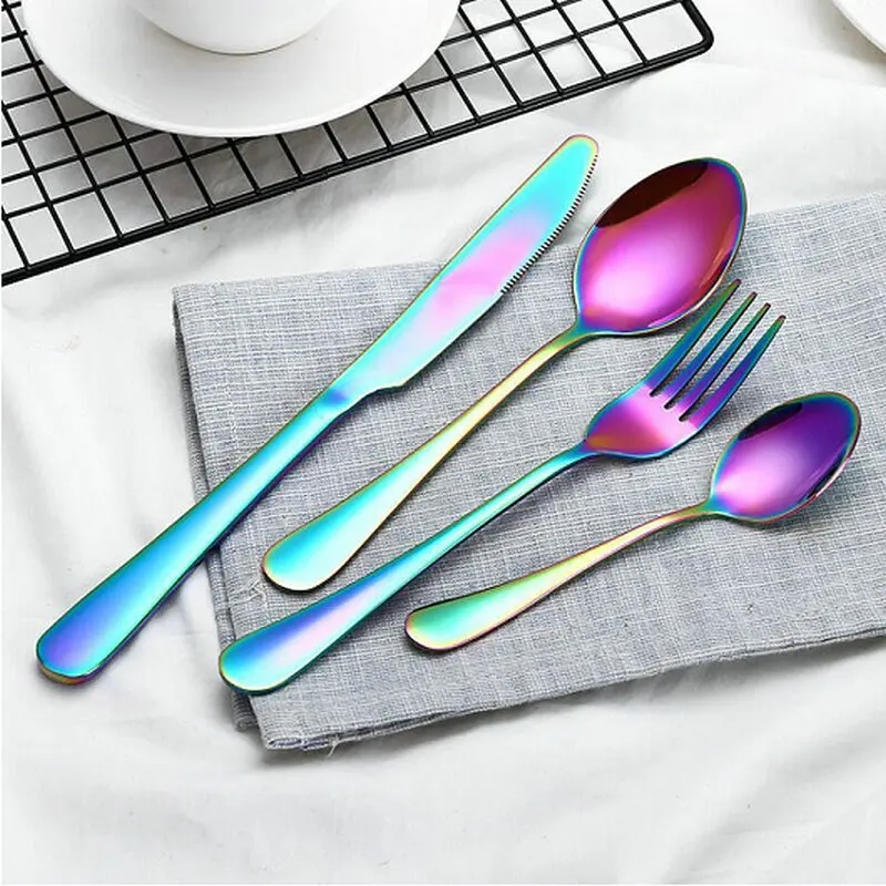 colorful 4pcs 7 цветов, высококачественный цветной набор столовых приборов из нержавеющей стали, ложка, вилка, нож, чайная ложка, набор посуды, роскошные столовые приборы, наборы посуды - Цвет: colorful 4pcs