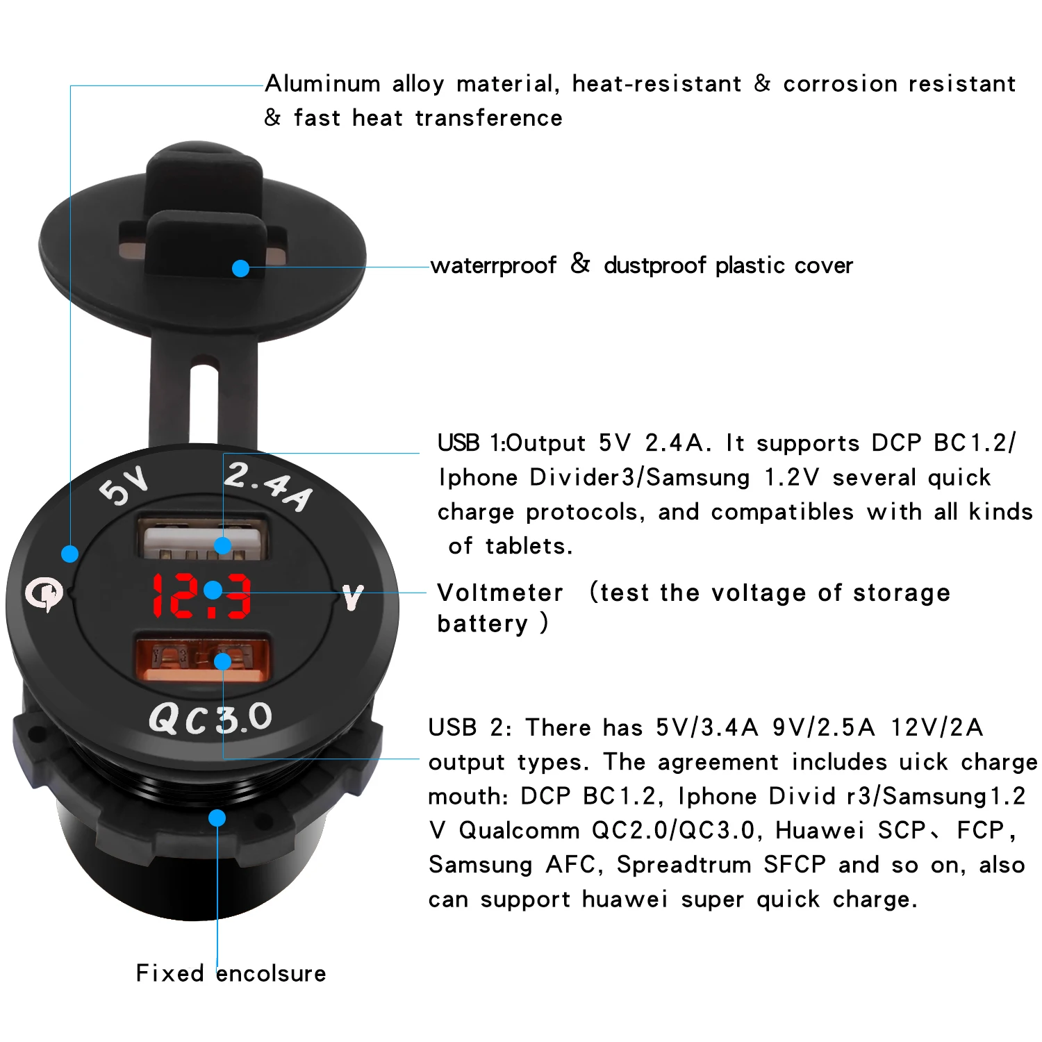Быстрое зарядное устройство с двумя USB-портами 12-24 В QC3.0 USB-зарядное для мотоцикла