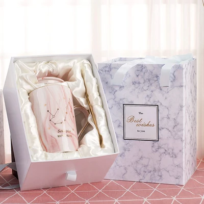 With gift box OUSSIRRO натуральный мрамор 12 созвездие керамическая розовая Зодиак кружка с крышкой кофейные кружки творческая личность чашка 400 мл без свинца - Цвет: With gift box