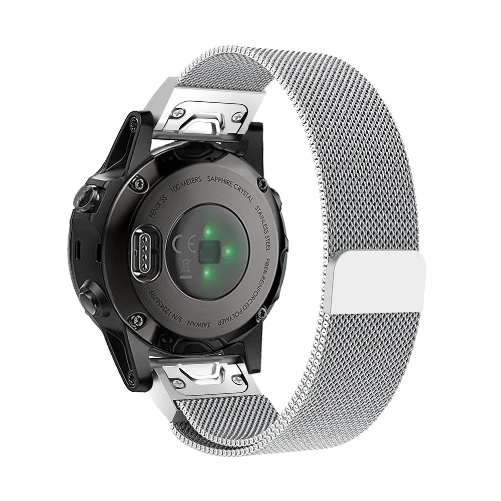 Серебристый Миланские магнитные часы ремешок для Garmin Fenix 5 5S 5X20 мм 22 мм 26 мм нержавеющая сталь Металл Quick Fit Ремешки для наручных часов - Цвет: Серебристый