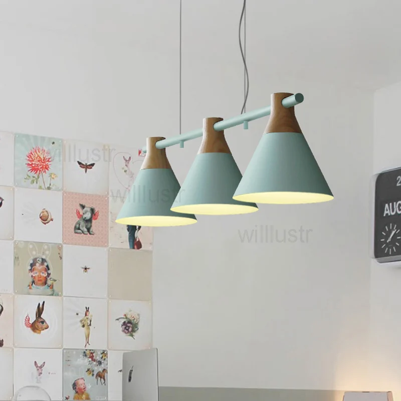 

willlustr Macaron color 3 heads suspension lamp colorful shade iron wood lamp hang lighting living dinning room restaurant hotel