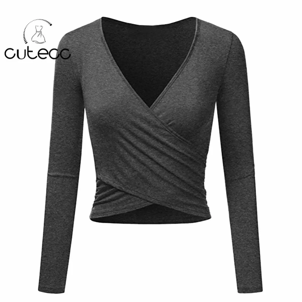 Летние повседневные топы женские с длинным рукавом крест-накрест wrap slim fit
