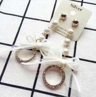 hotsale korean style cute long pearl statement drop earrings for women girls with lace bow knot dangle earring bijoux