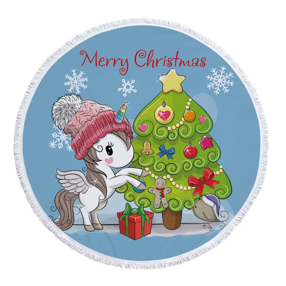Round Christmas Snowman Cartoon Bath Towel Santa Elk Summer Beach Picnic Yoga Mat Floral Polyester Circle Sunbath Blanket | Дом и сад