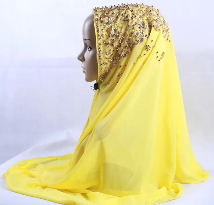 yellow Новое поступление, шифоновый хиджаб премиум класса, шарф для мусульманских женщин, золотой жемчуг, блестящий исламский тюрбан, повязка на голову, блестящая шаль, 170*70 см - Цвет: yellow