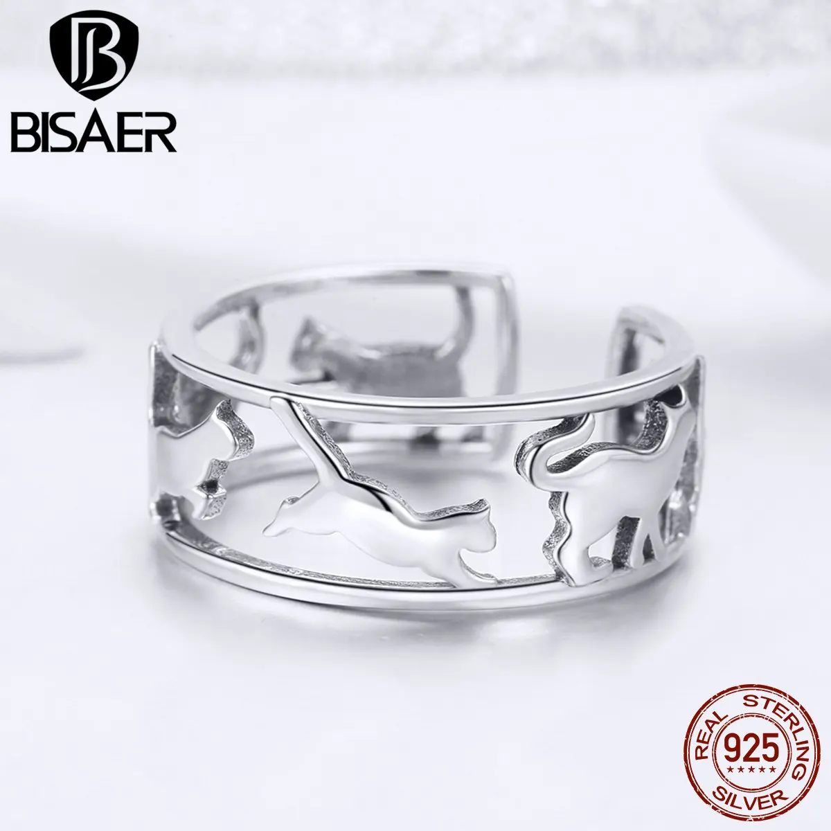 BISAER коктейльное кольцо, 925 пробы, серебряное, счастливый кот, киска, регулируемые кольца для женщин, животное, кошка, палец, кольцо, Anel, ювелирное изделие ECR473