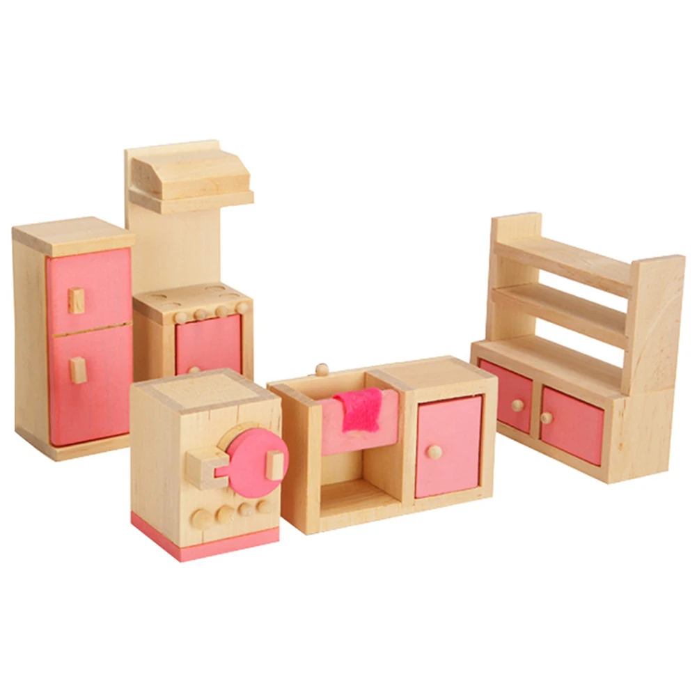 Деревянная мебель для кукольного домика детей ролевая игра спальня кухня набор