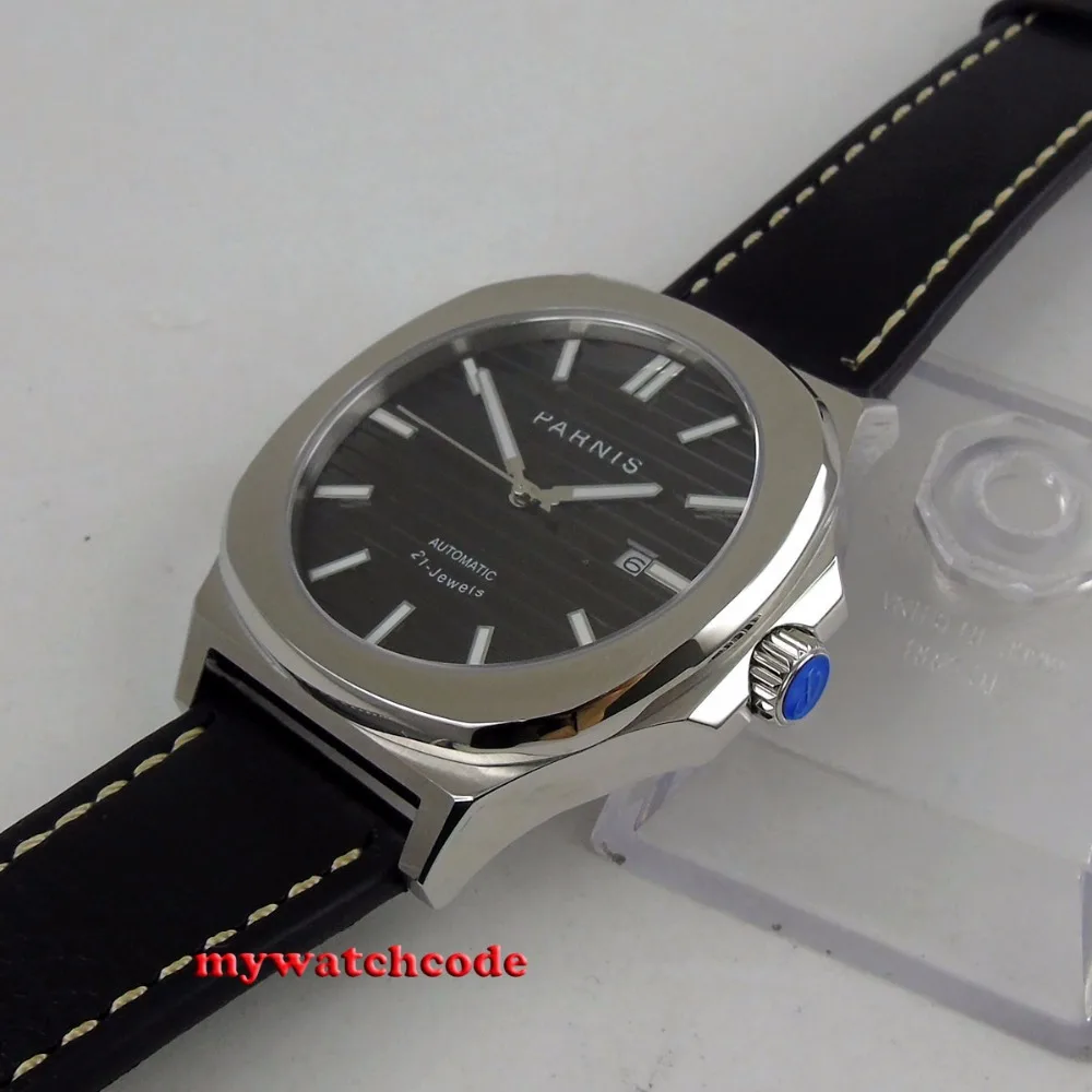 44MM Parnis Black Dial Date Window luminous Miyota 821A Automatic Movement Mens Watch Leather Band | Наручные часы