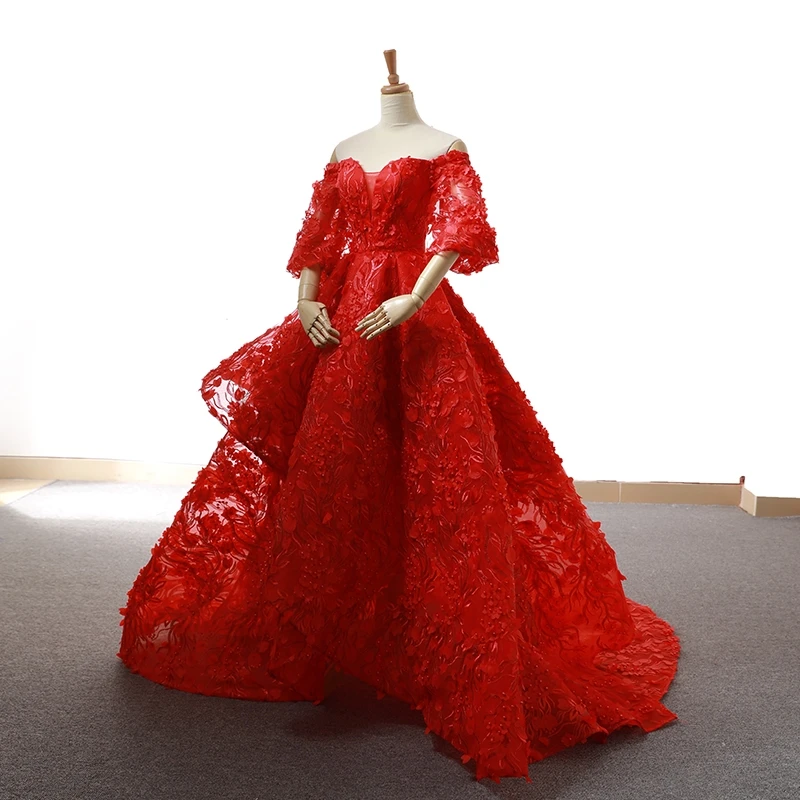 J66621 jancember bridal red evening dress sweetheart sleeve flowers bridal wedding party dress short train robe rouge de soir e