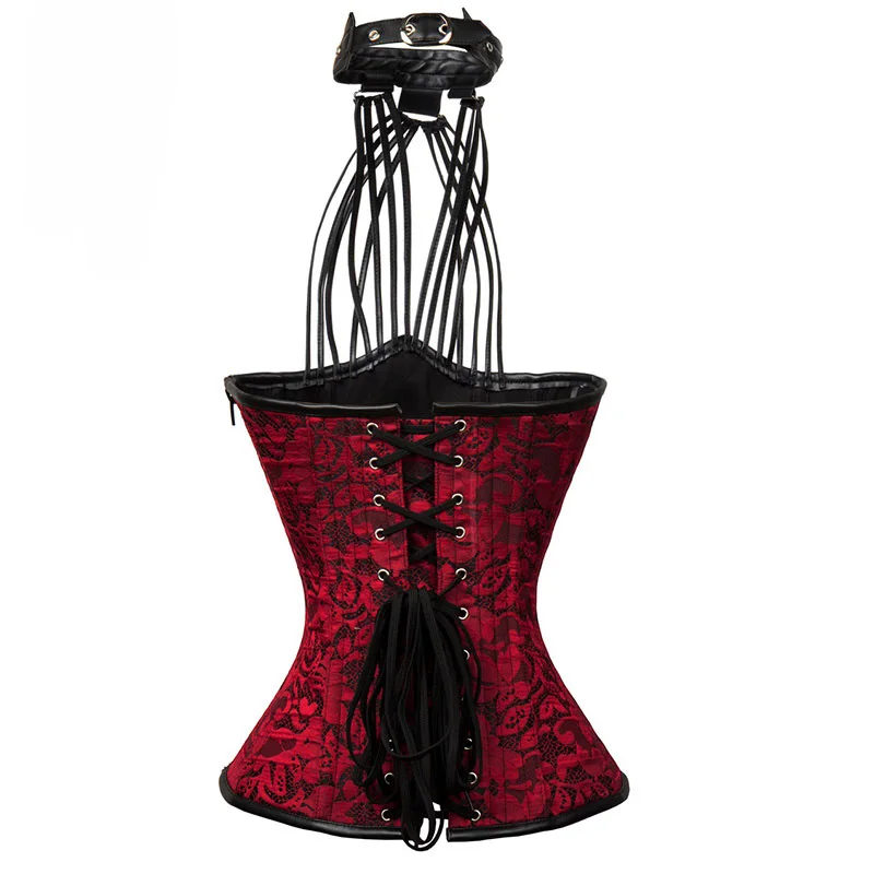 Красный сексуальный корсет с лямкой на шее со стальными косточками под грудь