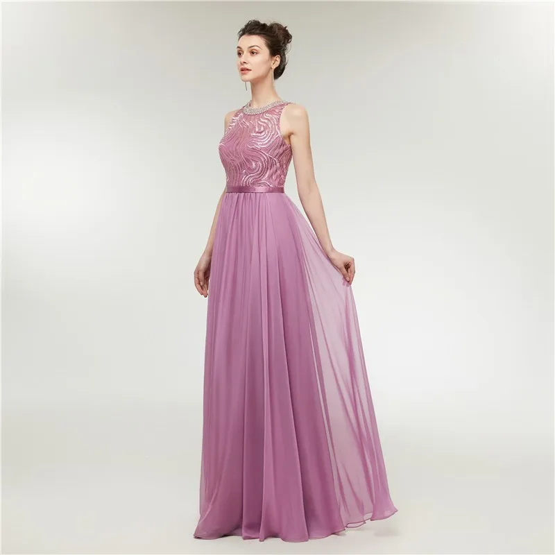 Vivian's Bridal 2018 Сетчатое розовое длинное вечернее платье с бисером и круглым