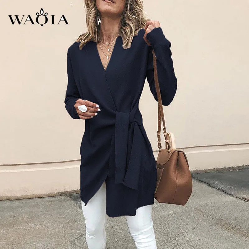 WAQIA 2018 зимнее длинное пальто с поясом из смесовой шерсти Осень v-образный вырез