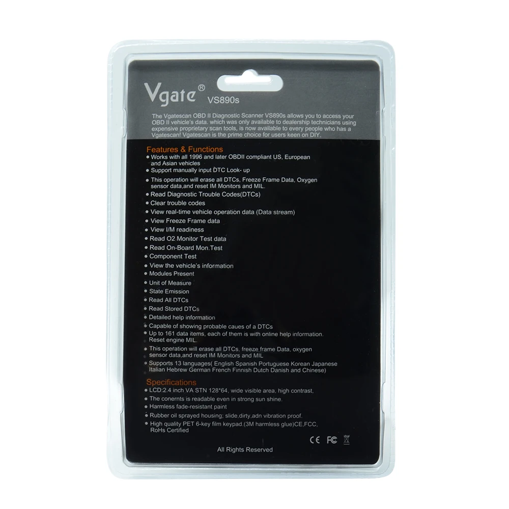 Оригинальный диагностический сканер Vgate VS890S OBD2 код неисправности двигателя
