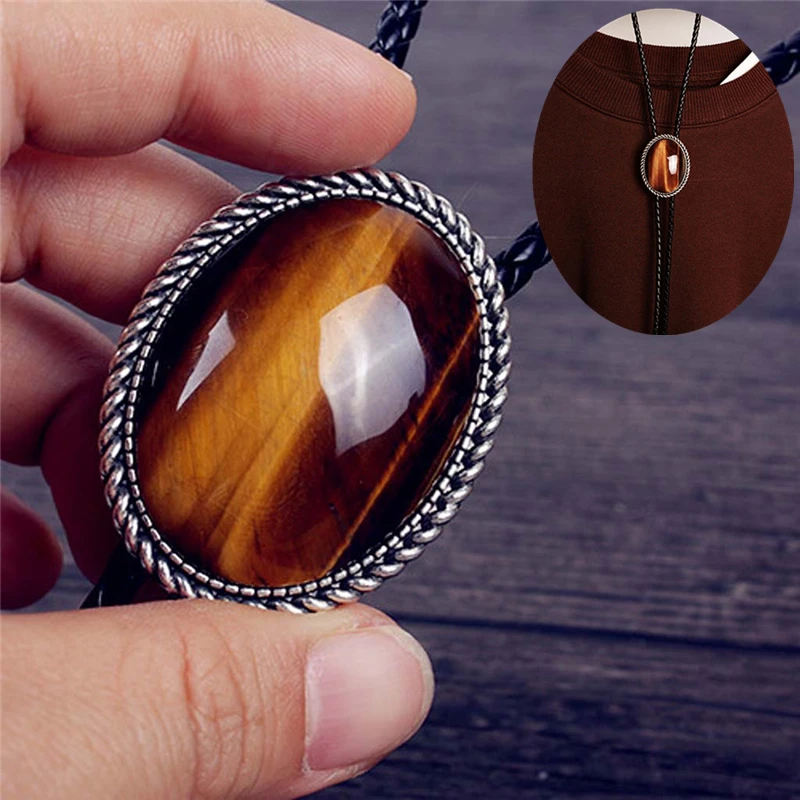 Original Western Cowboy BOLO Tie Clip Mosaic Natural Tiger-eye Stone Leather Rope Mens Fashion Jewelry