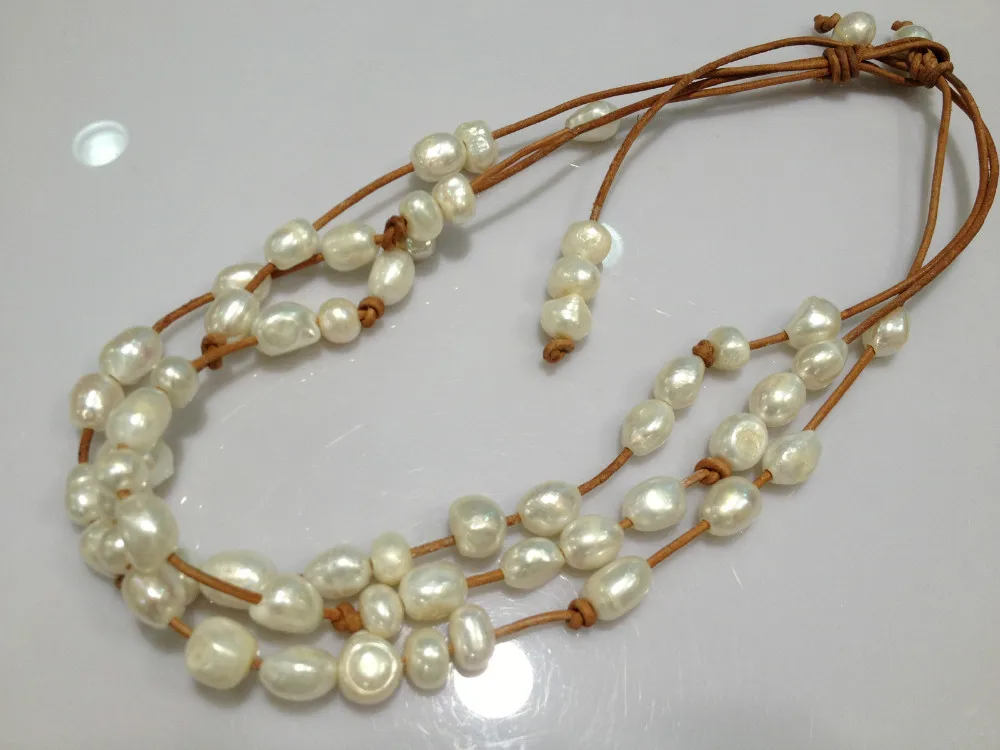 Ожерелье из барочного пресноводного жемчуга с кожаным многослойным коричневым