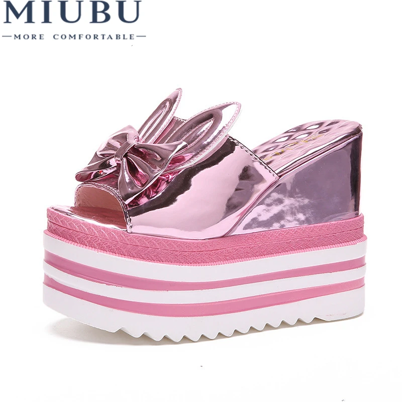 MMIUBU/женские шлепанцы Женские кожаные на высоком каблуке и платформе с бантом