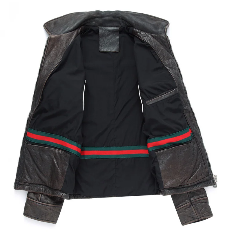 

Free shipping Mens Brown Overcoats Vintage Cowskin Jackets Slim Turn Down Collar Motorcycle Jacket Mens Brown Outwear